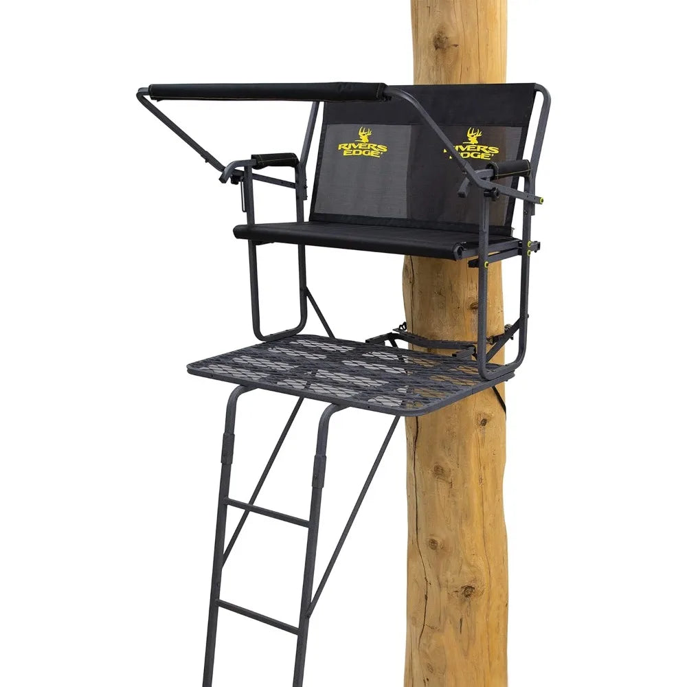 Rivers Edge Twoplex 2-Man Ladder Stand, 17’1” Height, Flip-Up Teartuff Mesh Bench Seat, 2-Way Adjustable Shooting Rail