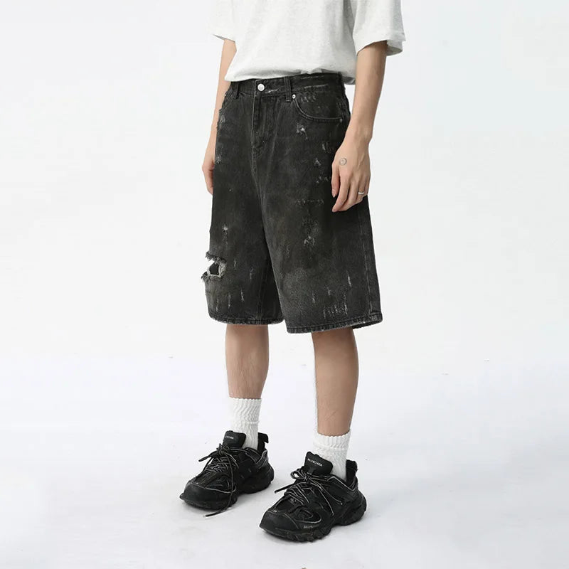 Hi Street Vintage Ripped Denim Shorts Washed Loose Summer Jeans Short for Male Black Hip Hop