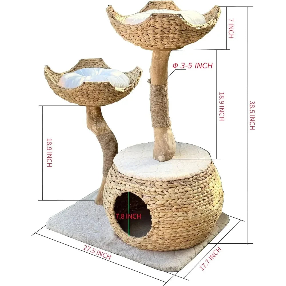 Cat Tree Tower for Large Cats, Cat House with Scratching Tree Made from Coffee Wood and Water Hyacinth Brand