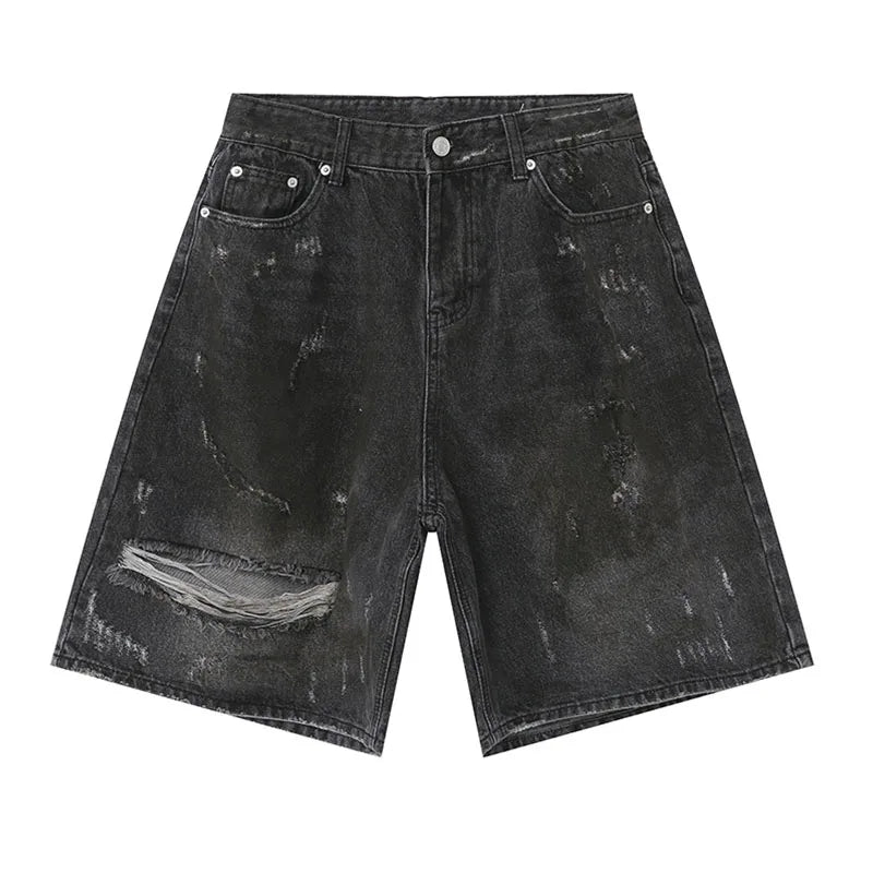 Hi Street Vintage Ripped Denim Shorts Washed Loose Summer Jeans Short for Male Black Hip Hop