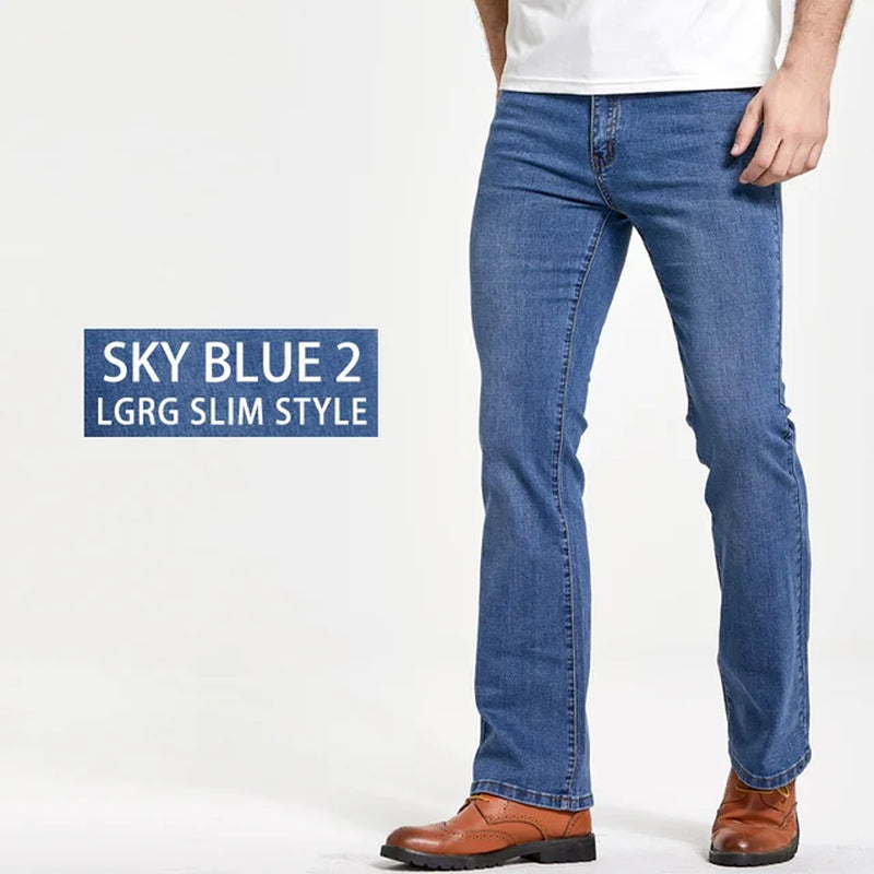 Mens Boot Cut Jeans Slightly Flared Slim Fit Blue Black Trousers Designer Classic Male Stretch Denim Pants
