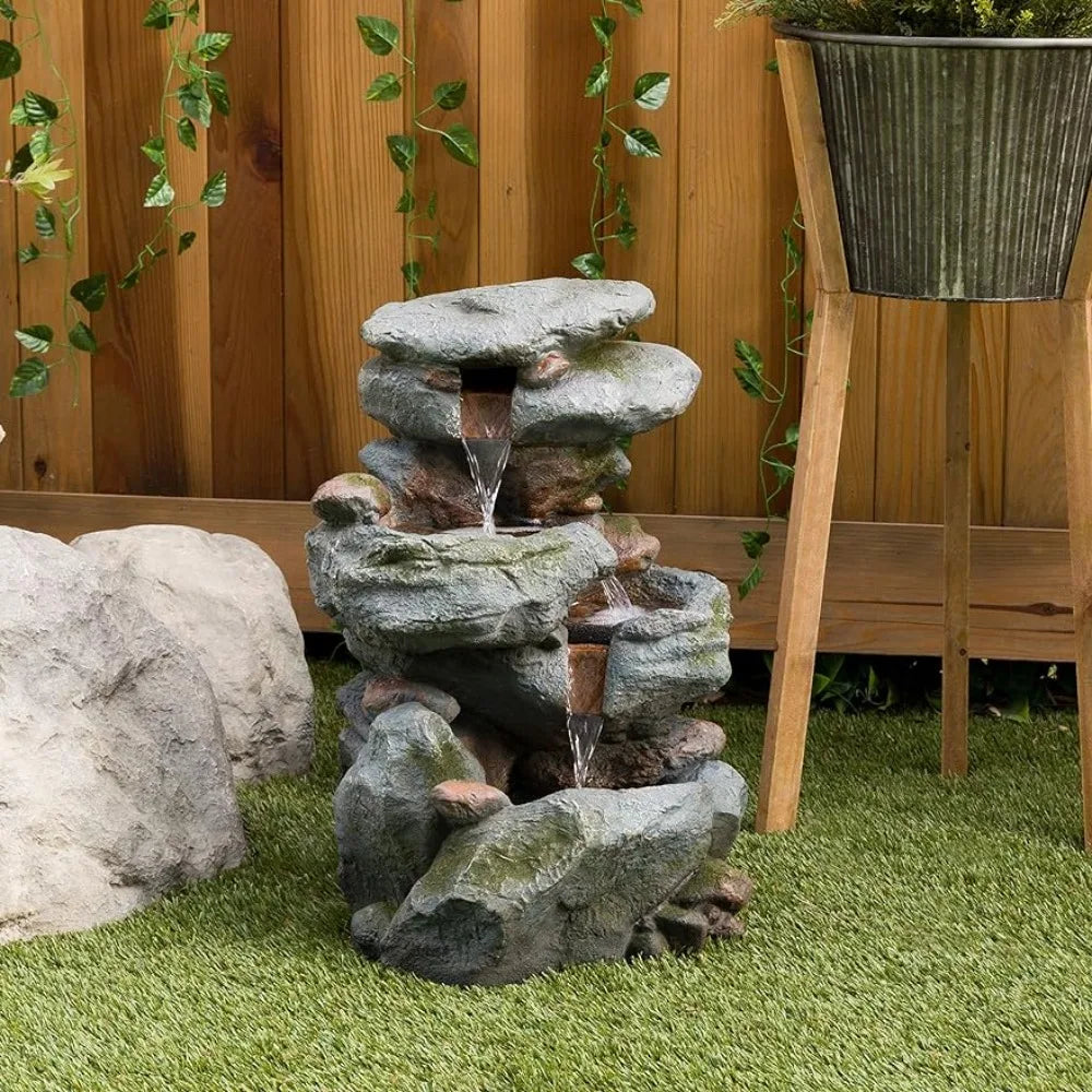 WIN582 Outdoor Floor 3 Tiered Rock Waterfall Fountain with LED Lights and Natural Stone Look, 22 ", Gray,Garden Supplies