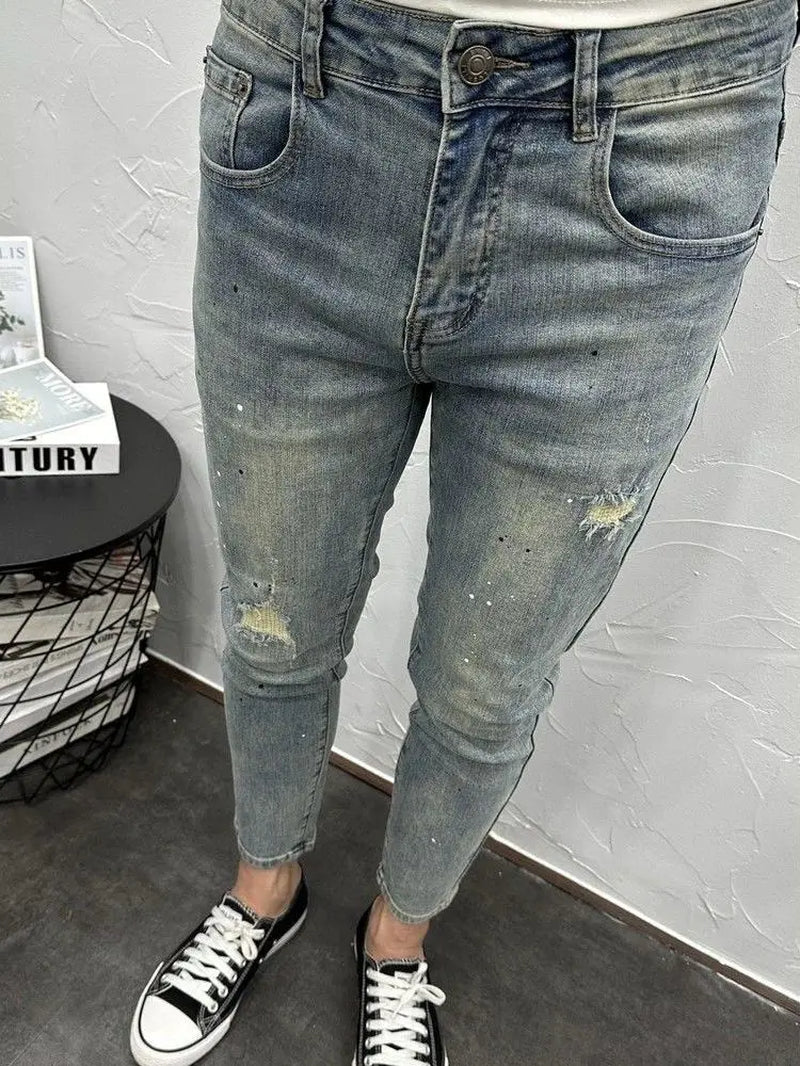 Men'S Slim Jeans Casual Pencil Pants Spring Autumn Blue Stone Washed Ripped Hole Legging Jeans Streetwear Cowboy Pants for Men
