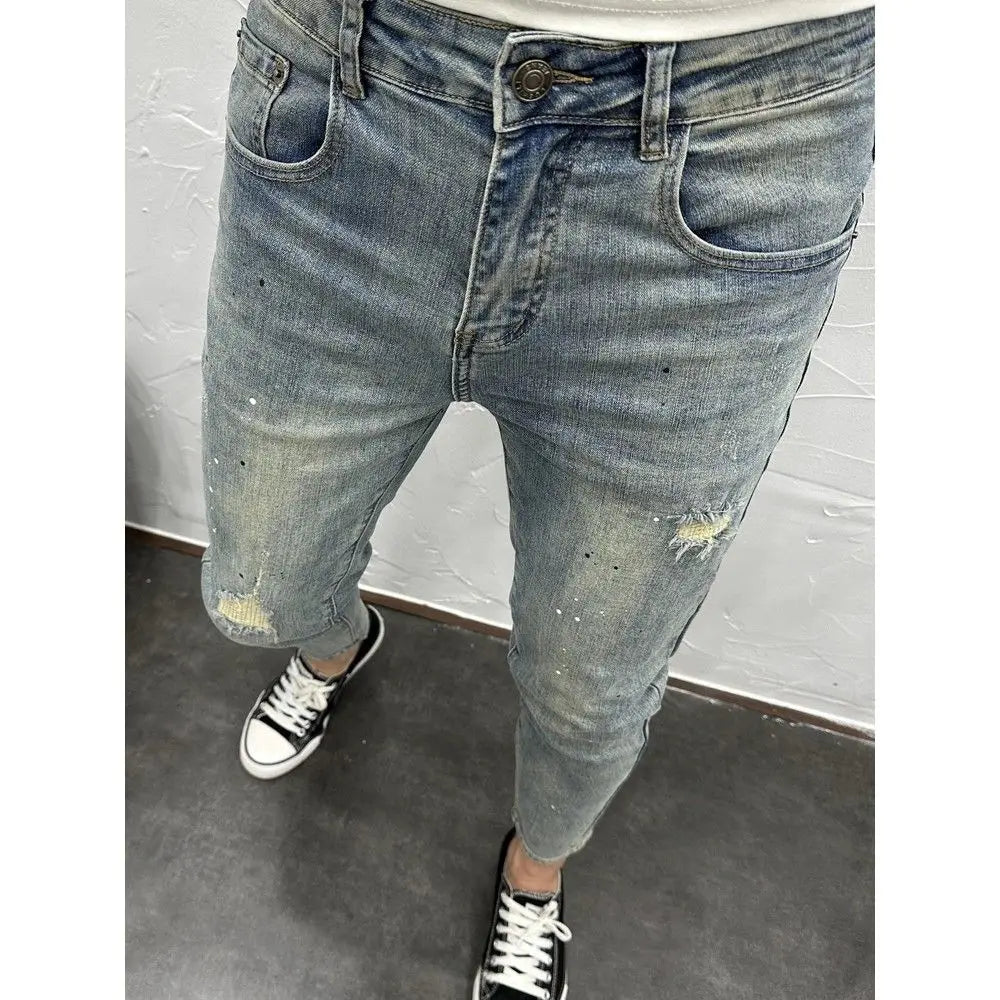 Men'S Slim Jeans Casual Pencil Pants Spring Autumn Blue Stone Washed Ripped Hole Legging Jeans Streetwear Cowboy Pants for Men